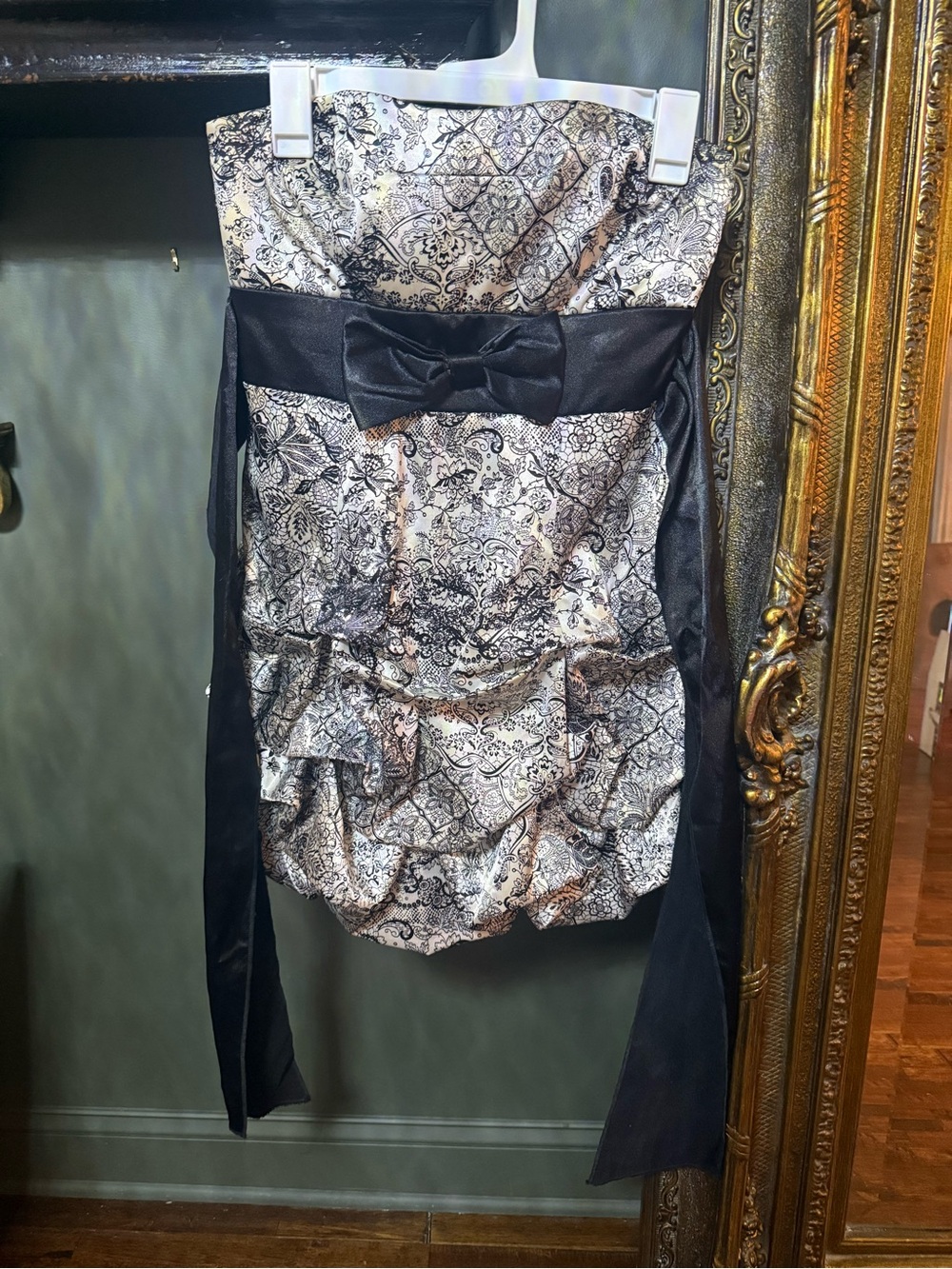 Ruby Rox Strapless Black and Cream Brocade Party Dress with Bow